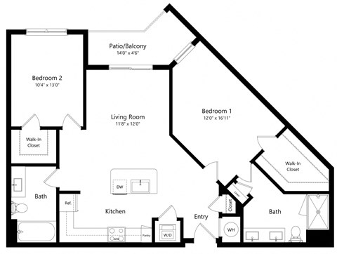 Two Bedroom Floor Plan with 1,180 Sq. Ft. at Parc at White Rock Luxury Apartments in Dallas TX